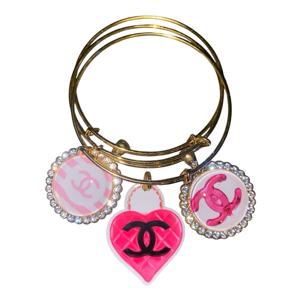 CHANEL Gold Bangles with Pink and White Charms